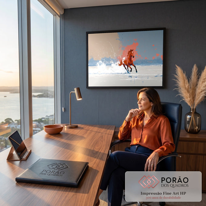 Cavalo alazão galopando na água rasa com respingos, fundo abstrato cinza, bege e coral, quadro decorativo