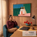 Gato laranja e branco de óculos escuros com drink rosa em mesa rosa e fundo verde, pintura quadro decorativo