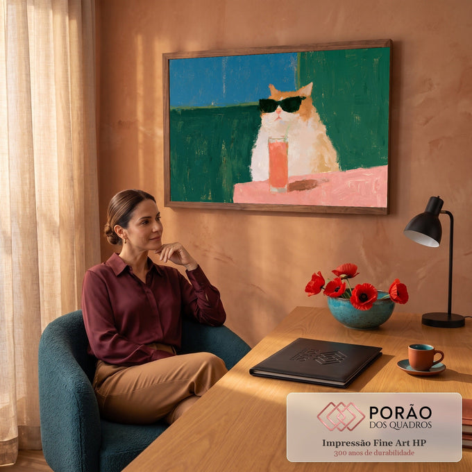 Gato laranja e branco de óculos escuros com drink rosa em mesa rosa e fundo verde, pintura quadro decorativo