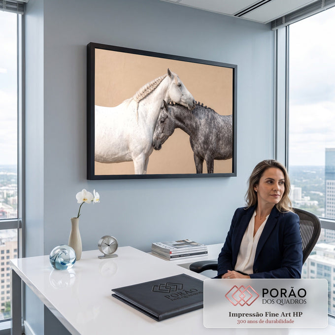 Cavalo branco de crina trançada apoiando a cabeça sobre cavalo tordilho, fundo bege, quadro decorativo