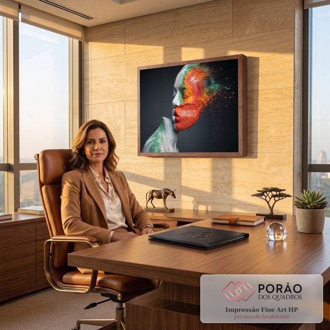 Quadro Decorativo Grande Rosto Feminino para Sala Branco | quadros decorativos | perfil feminino pintado em branco, verde, laranja e vermelho se desintegrando em pó colorido | em ambiente 2 | Porao dos Quadros