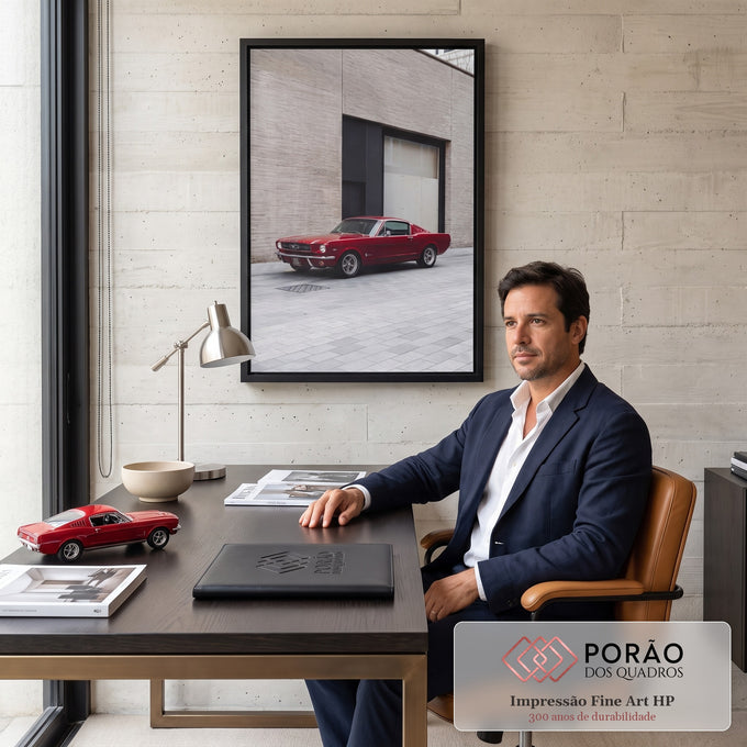 Mustang fastback clássico vermelho estacionado diante de parede de tijolos bege, quadro decorativo