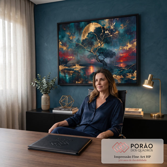 Quadro Decorativo Grande Árvore Dourada para Sala Azul | quadros decorativos | árvore de galhos dourados sob lua cheia dourada em céu azul com nuvens vermelhas | em ambiente 2 | Porao dos Quadros