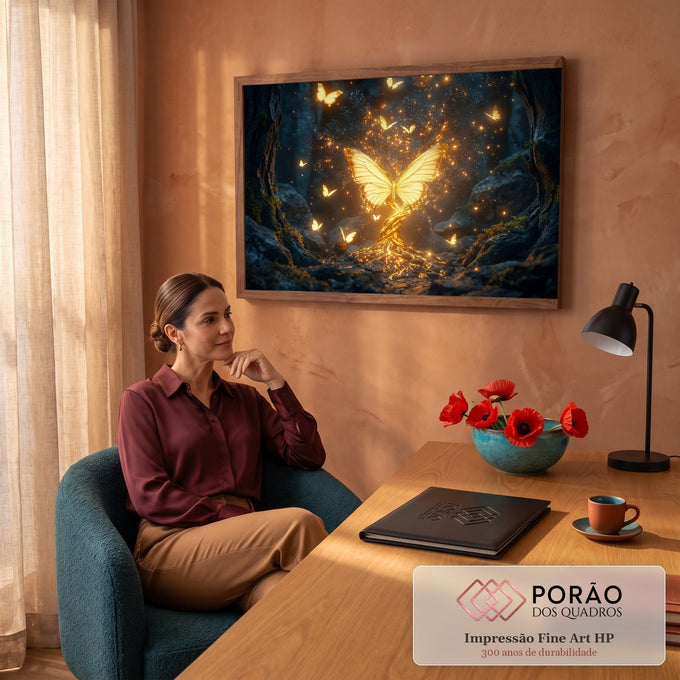 Borboleta dourada luminosa sobre tronco de árvore em floresta escura com luzes, quadro decorativo
