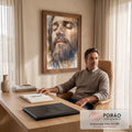 Quadro Decorativo Grande Retrato Aquarela de Homem para Sala | quadros decorativos | retrato em aquarela de homem barbudo com olhos fechados em tons terrosos e azuis | em ambiente 2 | Porao dos Quadros
