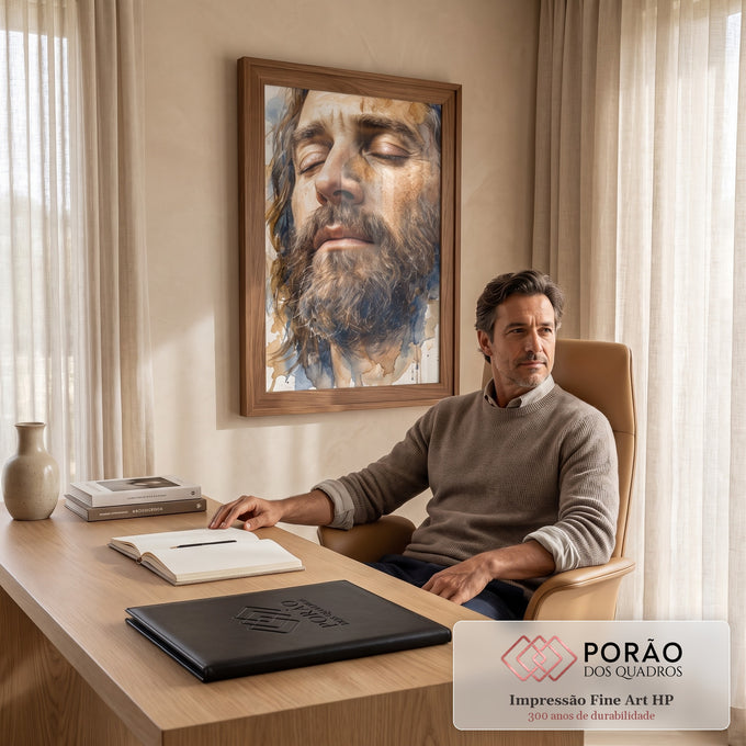 Quadro Decorativo Grande Retrato Aquarela de Homem para Sala | quadros decorativos | retrato em aquarela de homem barbudo com olhos fechados em tons terrosos e azuis | em ambiente 2 | Porao dos Quadros
