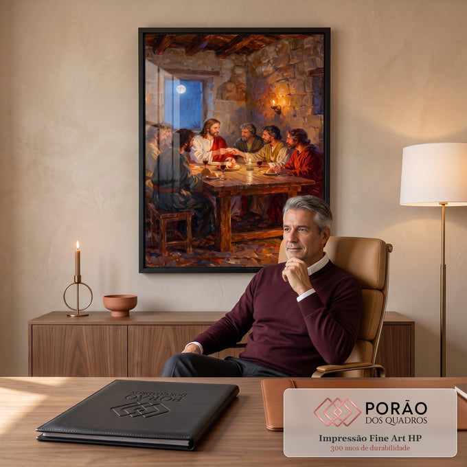 Quadro Decorativo Grande Última Ceia Luz de Velas para Sala | quadros decorativos | Jesus e apóstolos à mesa durante a Última Ceia, sala de pedra iluminada por velas | em ambiente 2 | Porao dos Quadros