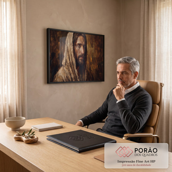 Retrato de Jesus Cristo com manto bege em pintura a óleo sobre fundo marrom, quadro decorativo