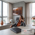 Quadro Decorativo Grande Árvore Solitária Outono para Sala | quadros decorativos | árvore laranja de outono refletida num lago calmo cercado de colinas enevoadas | em ambiente 2 | Porao dos Quadros