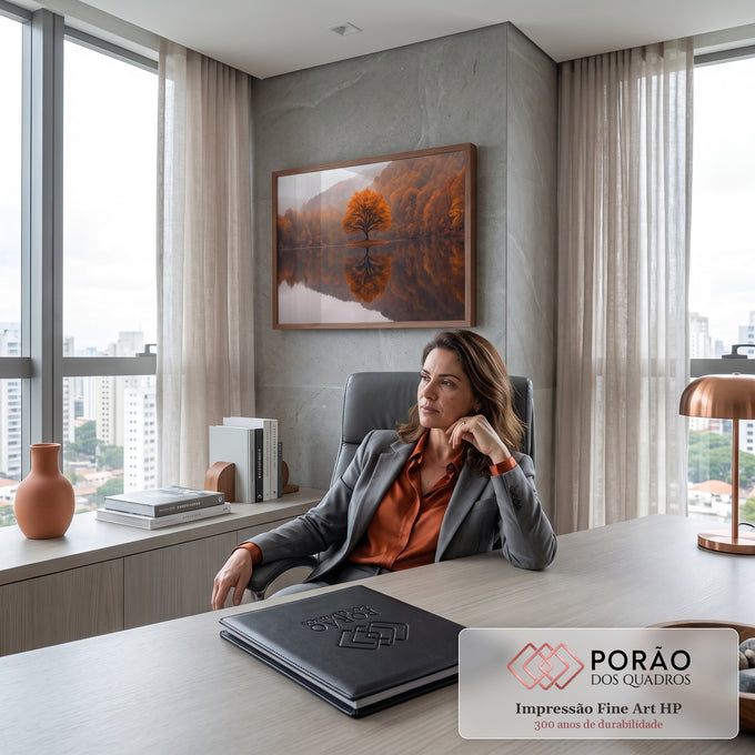 Quadro Decorativo Grande Árvore Solitária Outono para Sala | quadros decorativos | árvore laranja de outono refletida num lago calmo cercado de colinas enevoadas | em ambiente 2 | Porao dos Quadros