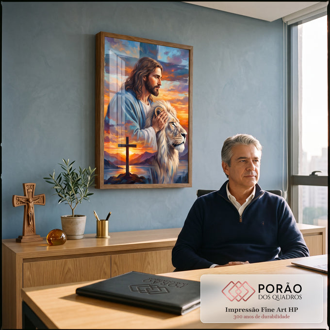 Quadro Decorativo Grande Jesus com Leão Laranja para Sala | quadros decorativos | homem de manto azul com a mão sobre leão branco diante de pôr do sol e cruz | em ambiente 2 | Porao dos Quadros