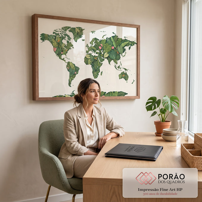 Quadro Decorativo Grande Mapa Mundi para Sala Verde | quadros decorativos | mapa-múndi ilustrado com continentes formados por folhas tropicais verdes e flores coloridas | em ambiente 2 | Porao dos Quadros