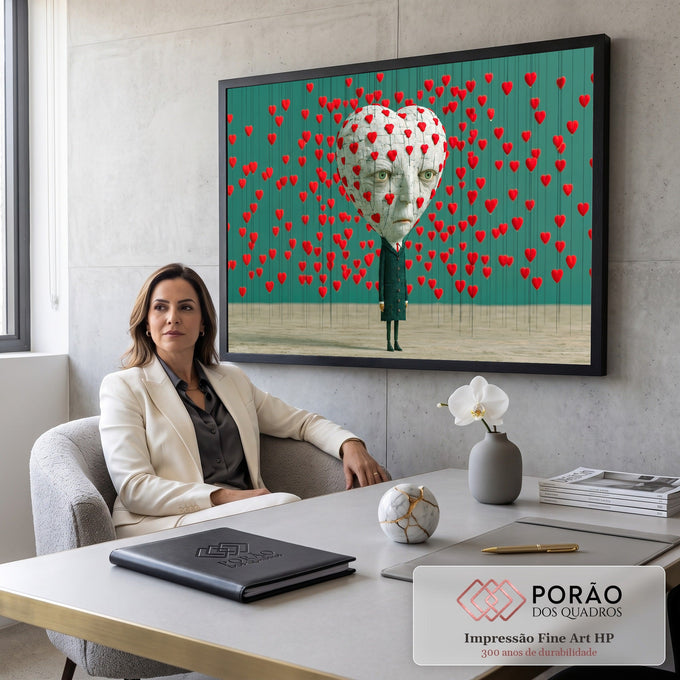 Figura de terno com cabeça de coração rachado entre corações vermelhos suspensos, fundo verde quadro decorativo