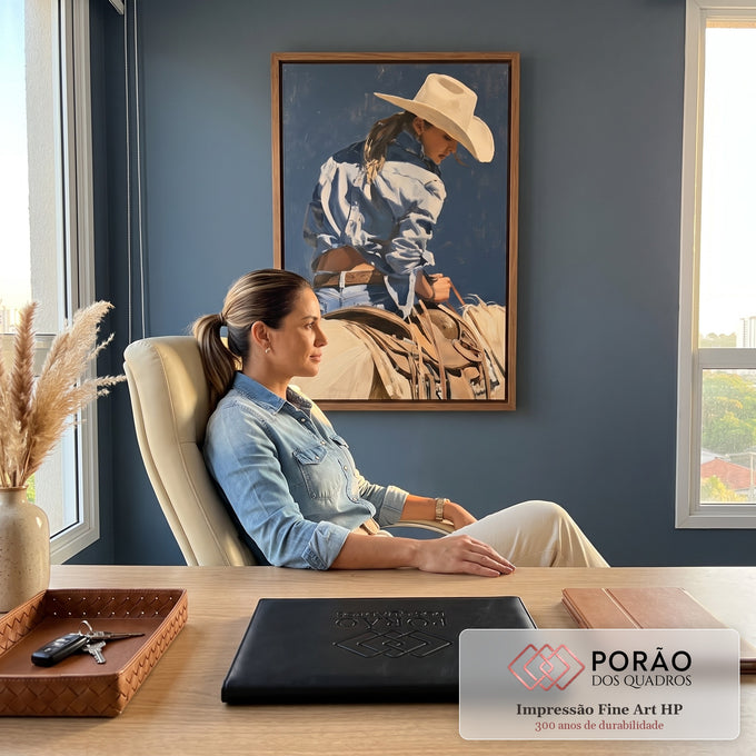 Quadro Decorativo Cowgirl de Chapéu com Cavalo Branco | quadros decorativos | cowgirl de chapéu inclinada sobre cavalo branco ajustando as rédeas | em Quadros para Escritorio | Porao dos Quadros
