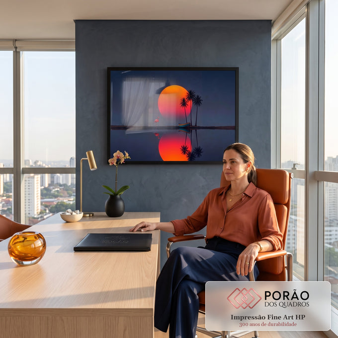 Sol laranja gigante refletido na água com flamingo, barco e palmeiras em céu azul, quadro decorativo