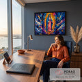 Nossa Senhora de Guadalupe cubista com manto azul estrelado, raios dourados e anjo, quadro decorativo