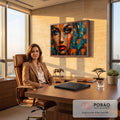 Rosto de mulher texturizado em laranja e azul petróleo com lábios vermelhos e ouro, quadro decorativo