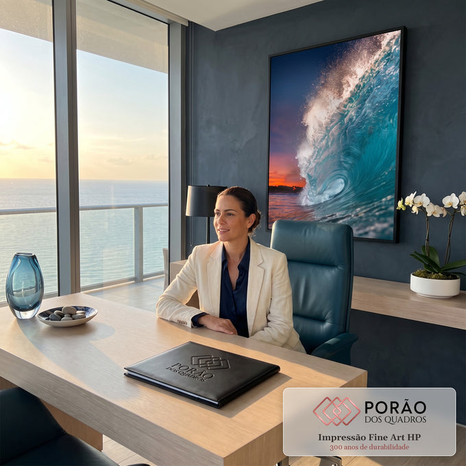 Onda do mar turquesa formando tubo com spray brilhante e céu de pôr do sol laranja, quadro decorativo