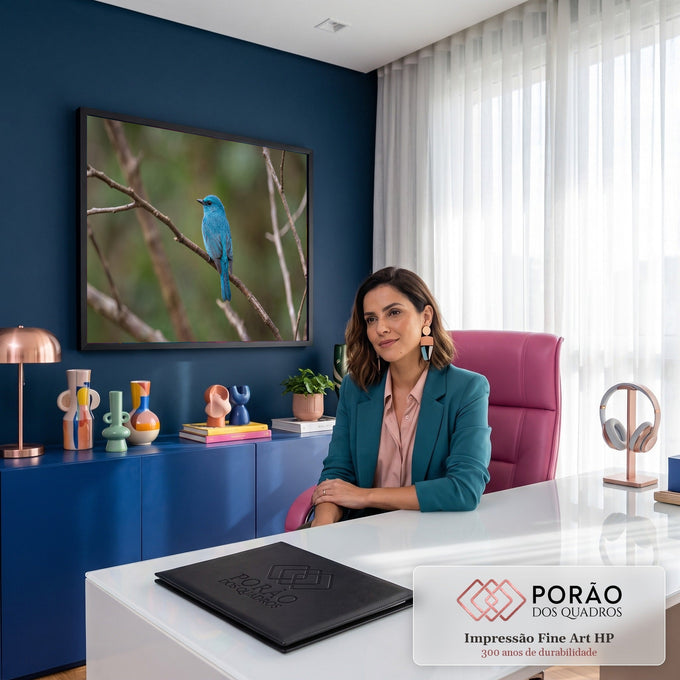 Pássaro papa-moscas azul-turquesa pousado em galho seco com fundo verde desfocado, quadro decorativo