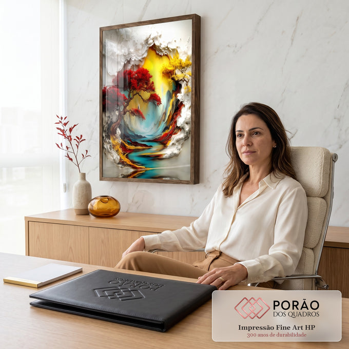 Árvore vermelha e árvore amarela sobre rio turquesa em relevo branco 3D, quadro decorativo