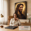 Quadro Decorativo Grande Jesus Sorridente para Sala Dourado | quadros decorativos para sala | retrato de Jesus sorrindo com halo dourado e manto escuro em pintura clássica | em Quadros para Sala | Porao dos Quadros