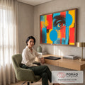 Olho feminino em close com colagem pop art, halftone e círculos azuis, vermelhos e amarelos, quadro decorativo