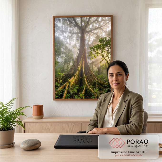 Quadro Decorativo Grande Árvore da Vida para Sala Verde | quadros decorativos | árvore gigante com raízes tabulares cobertas de musgo em floresta com neblina e raios de sol | em ambiente 2 | Porao dos Quadros