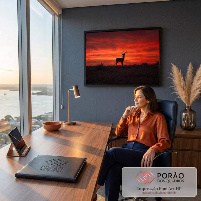 Quadro Decorativo Grande Antílope em Silhueta para Sala | quadros decorativos | antílope em silhueta contra céu vermelho intenso de pôr do sol africano | em ambiente 2 | Porao dos Quadros