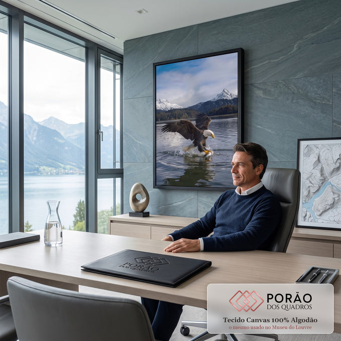 Quadro Decorativo Grande Águia Pescando Peixe para Sala Azul | quadros decorativos | águia capturando peixe sobre lago com montanhas nevadas ao fundo | em ambiente 2 | Porao dos Quadros