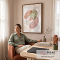 Quadro Decorativo Grande Tela de Pinturas para Sala Laranja | quadros decorativos | rosto feminino em arte linear sobre círculos de aquarela terracota, verde e rosa | em ambiente 2 | Porao dos Quadros