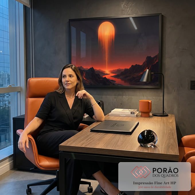 Sol laranja derretendo sobre montanhas negras com lava e rio refletido, quadro decorativo