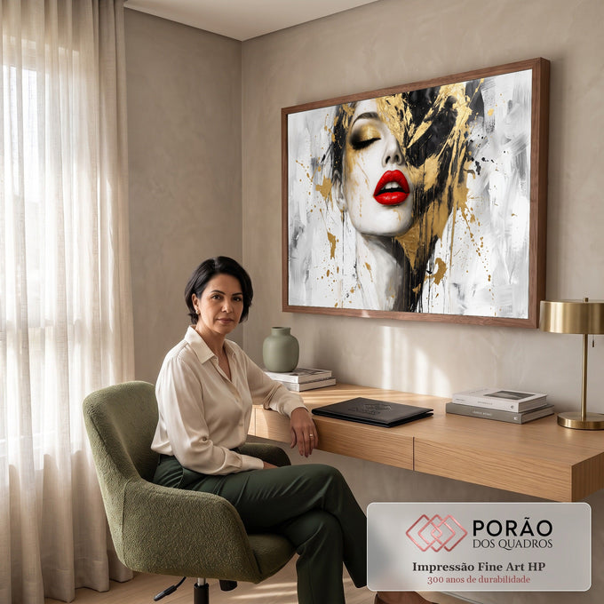 Quadro Decorativo Grande Rosto Lábios Vermelhos para Sala | quadros decorativos | rosto feminino com olhos fechados, lábios vermelhos e respingos de tinta dourada e preta | em ambiente 2 | Porao dos Quadros