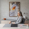 Close de pássaro secretário com penas cinza, crista preta e olho laranja, quadro decorativo