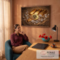 Quadro Decorativo Grande Barras de Ouro para Escritório | quadros decorativos | barras de ouro, moeda de Bitcoin e diamantes sobre areia dourada | em ambiente 2 | Porao dos Quadros