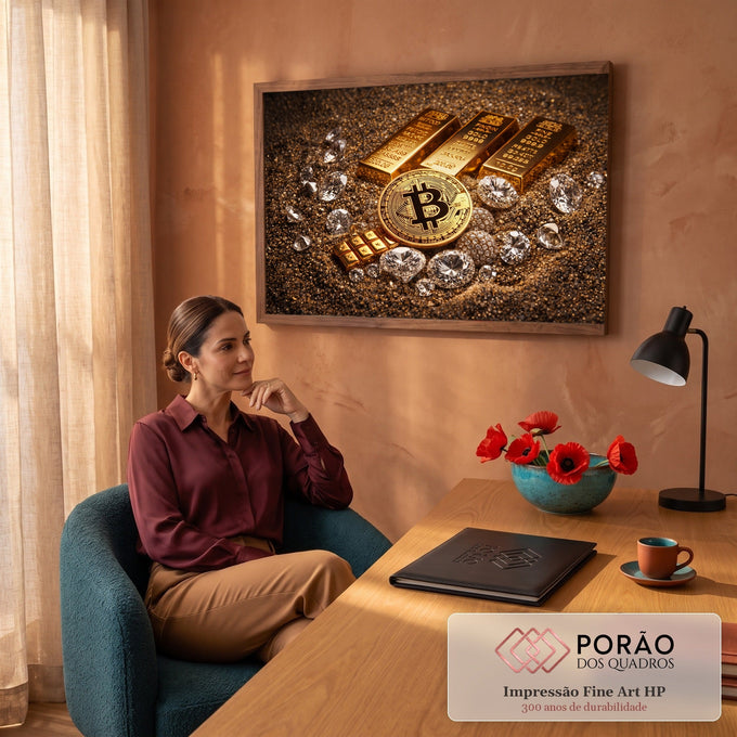 Quadro Decorativo Grande Barras de Ouro para Escritório | quadros decorativos | barras de ouro, moeda de Bitcoin e diamantes sobre areia dourada | em ambiente 2 | Porao dos Quadros