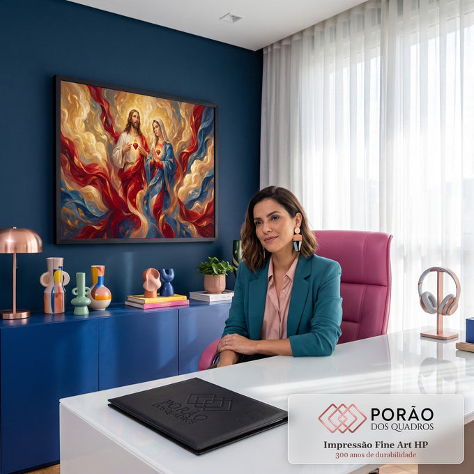 Jesus e Nossa Senhora com corações em chamas entre véus vermelhos, azuis e dourados, quadro decorativo