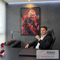 Piloto de Fórmula 1 de capacete comemorando com punhos cerrados entre raios vermelhos, quadro decorativo