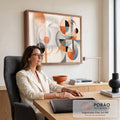 Quadro Decorativo Grande Formas Geométrico para Sala | quadros decorativos | composição abstrata com círculos e curvas em laranja preto e azul acinzentado | em ambiente 2 | Porao dos Quadros