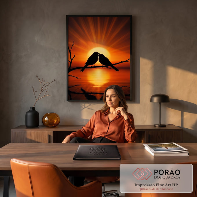 Dois pássaros em silhueta se beijando num galho ao pôr do sol laranja com reflexo na água, quadro decorativo