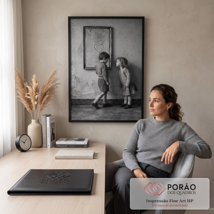 Menino e menina em foto preto e branco diante de espelho antigo com coração desenhado, quadro decorativo