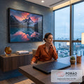Quadro Decorativo Grande Montanha Nevada para Sala Laranja | quadros decorativos | montanha nevada com geleira azul, céu laranja ao pôr do sol refletido em lago | em ambiente 2 | Porao dos Quadros