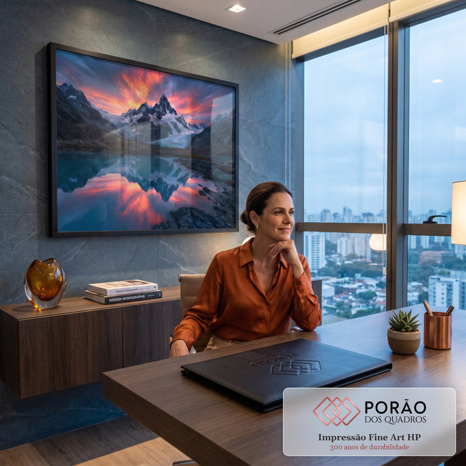 Quadro Decorativo Grande Montanha Nevada para Sala Laranja | quadros decorativos | montanha nevada com geleira azul, céu laranja ao pôr do sol refletido em lago | em ambiente 2 | Porao dos Quadros