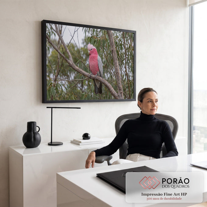 Cacatua-rosa de asas cinza pousada em galho seco entre folhas verdes de eucalipto, quadro decorativo