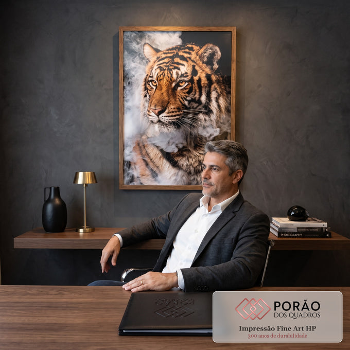 Tigre de olhos âmbar envolto em fumaça branca sobre fundo escuro, fotografia artística, quadro decorativo