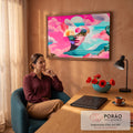 Colagem surreal de rosto de mulher entre nuvens rosa, mar turquesa e montanhas, quadro decorativo