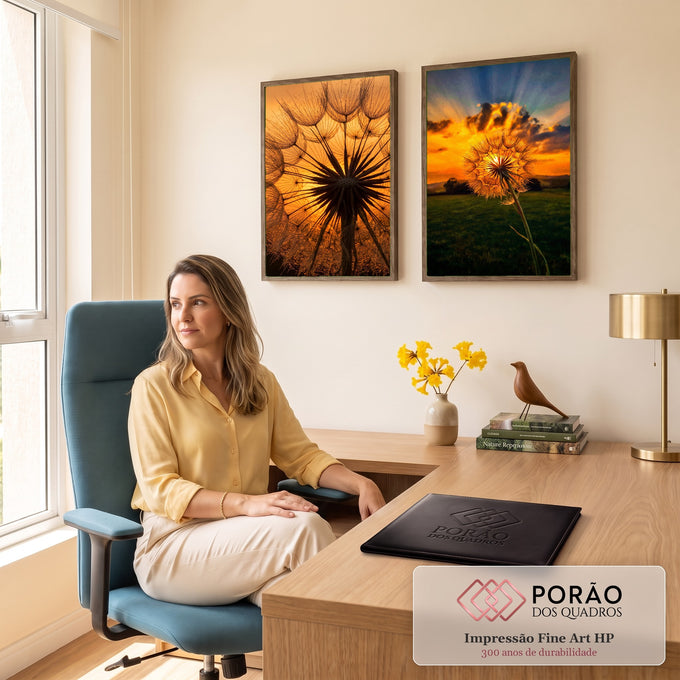 Quadro Decorativo Kit 2 Telas Dente de Leão para Sala | quadros decorativos | dente-de-leão em silhueta e flor inteira contra céu laranja de pôr do sol | em ambiente 2 | Porao dos Quadros