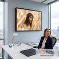 Jesus Cristo com coroa de espinhos e olhos fechados, pinceladas a óleo em tons bege, quadro decorativo