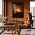 Quadro Decorativo Grande Lua Cheia Dourada para Sala Laranja | quadros decorativos para sala | lua cheia dourada surgindo entre nuvens escuras num céu alaranjado de pôr do sol | em Quadros para Sala | Porao dos Quadros