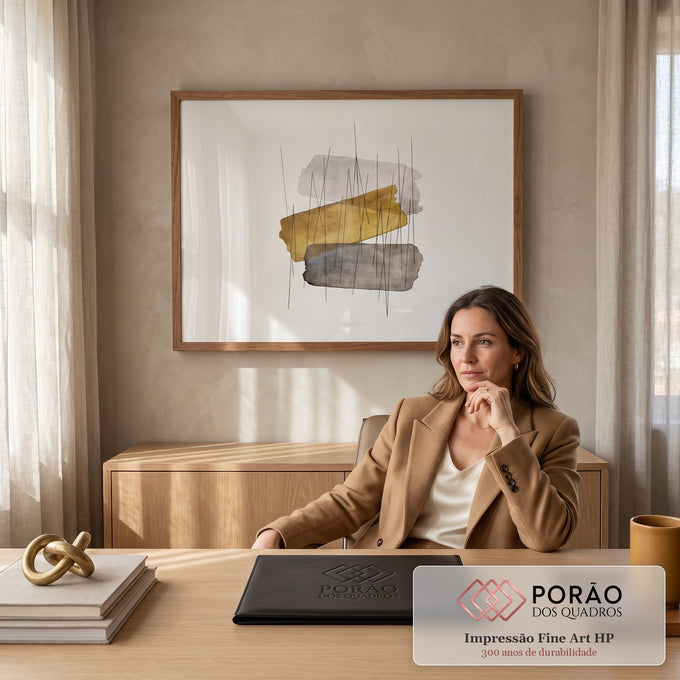 Quadro Decorativo Grande Abstrato e Cinza para Sala Dourado | quadros decorativos | faixas abstratas em dourado e cinza cruzadas por linhas finas em ziguezague | em ambiente 2 | Porao dos Quadros