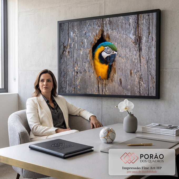 Arara azul e amarela espiando pelo oco de um tronco de madeira cinza, fotografia, quadro decorativo